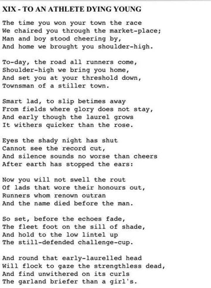 What is the theme of the 19th century Victorian poem to an athlete dying young